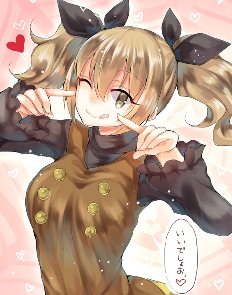 Anime picture 1000x1272 with touhou kurodani yamame mimoto (aszxdfcv) single tall image looking at viewer blush short hair blonde hair smile twintails brown eyes text short twintails alternate hairstyle :q cheek poke girl bow hair bow