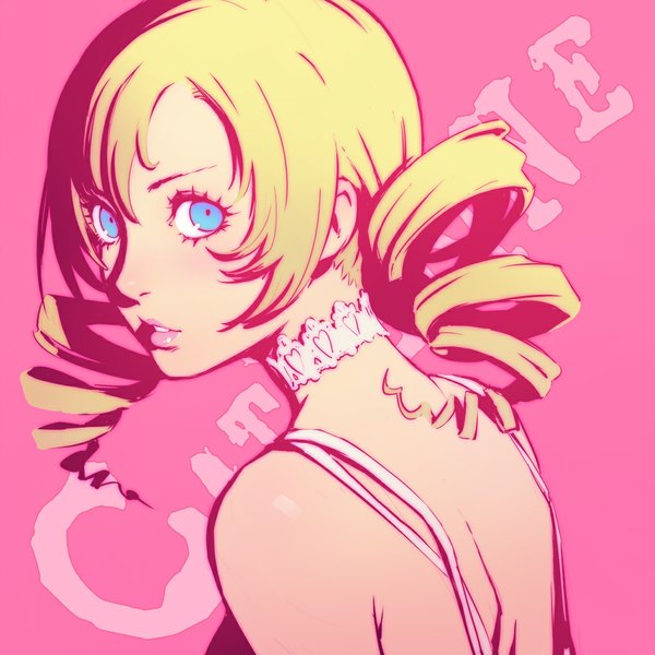 Anime picture 1024x1024 with catherine (game) catherine ilya kuvshinov single long hair fringe blue eyes blonde hair twintails looking back lips lipstick drill hair pink background pink lipstick girl choker