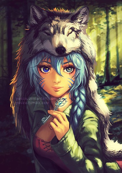 Anime picture 700x990 with original yuuza single long hair tall image looking at viewer blue eyes animal ears blue hair braid (braids) sunlight open clothes open jacket grey eyes heterochromia facial mark wolf ears girl plant (plants) animal