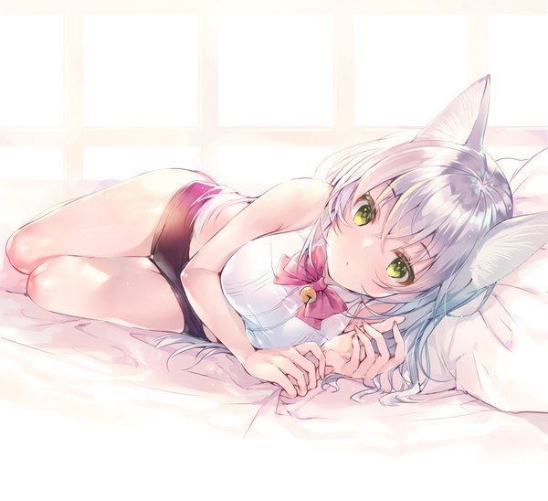 Anime-Bild 1562x1428 mit original miwabe sakura single long hair looking at viewer blush fringe breasts hair between eyes animal ears yellow eyes silver hair lying cat ears sleeveless thigh gap on side backlighting girl shorts