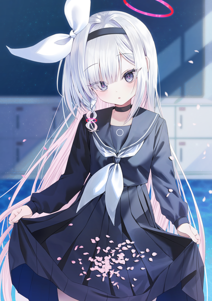 Anime picture 990x1400 with blue archive plana (blue archive) dabi (dabibubi) single tall image looking at viewer fringe silver hair very long hair multicolored hair hair over one eye :o grey eyes cherry blossoms colored inner hair girl uniform ribbon (ribbons) hair ribbon petals