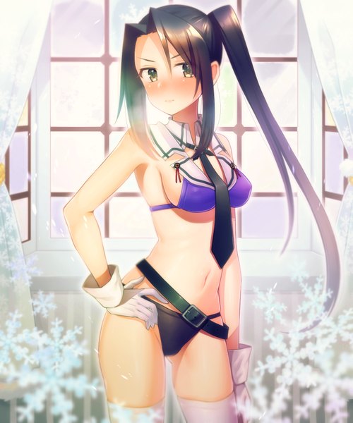 Anime picture 1378x1654 with kantai collection nachi heavy cruiser suihei-sen single long hair tall image looking at viewer blush breasts light erotic black hair yellow eyes side ponytail girl thighhighs gloves navel underwear panties white thighhighs