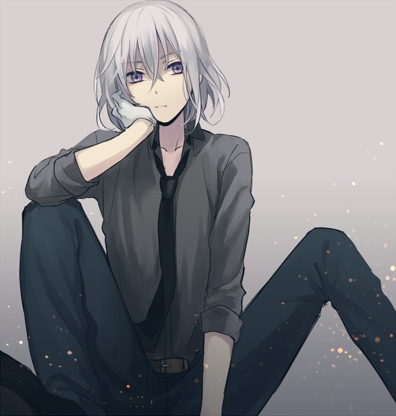 Anime picture 1500x1575 with touken ranbu nitroplus honebami toushirou yuzudaze single tall image fringe short hair simple background hair between eyes sitting purple eyes looking away silver hair grey background arm support spread legs open collar twisty sleeves hand on cheek