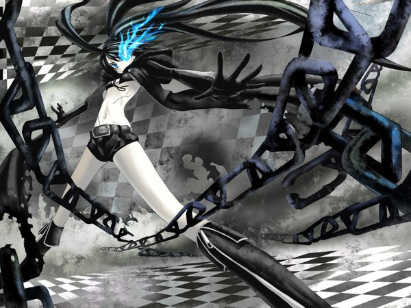 Anime picture 1500x1125 with black rock shooter black rock shooter (character) navel (artist) long hair blue eyes twintails boots