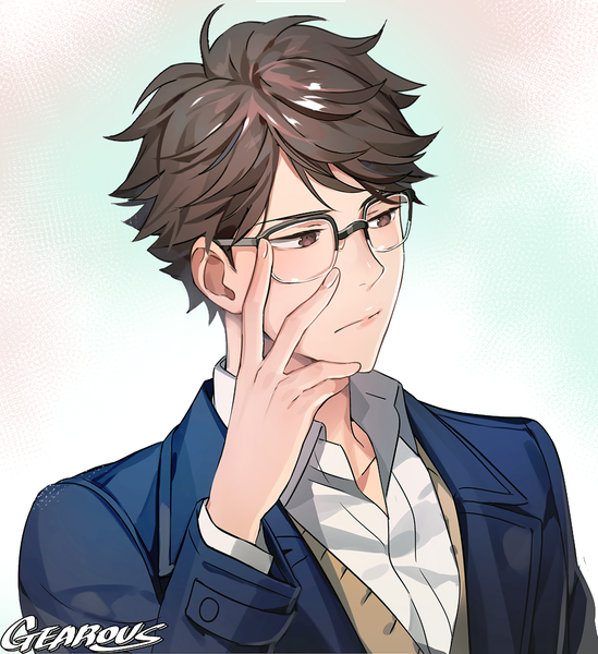 Anime picture 916x1000 with haikyuu!! production i.g ooikawa tooru gearous single tall image fringe short hair simple background brown hair brown eyes signed looking away upper body portrait adjusting glasses bespectacled boy uniform school uniform