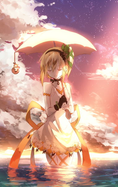 Anime picture 777x1222 with tales of (series) tales of zestiria edna (tales) normin (tales) sweetroad single tall image fringe short hair blonde hair standing bare shoulders sky cloud (clouds) eyes closed one side up partially submerged sunrise girl dress