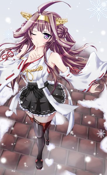 Anime picture 1500x2455 with kantai collection kongou battleship chi bame single long hair tall image looking at viewer blush fringe brown hair bare shoulders ahoge outdoors traditional clothes japanese clothes one eye closed from above wind wide sleeves hair bun (hair buns)