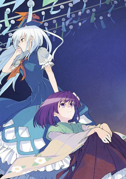 Anime picture 702x991 with touhou kamishirasawa keine hieda no akyuu nakatani long hair tall image fringe short hair simple background red eyes purple eyes multiple girls purple hair white hair traditional clothes japanese clothes profile wind dark background reclining