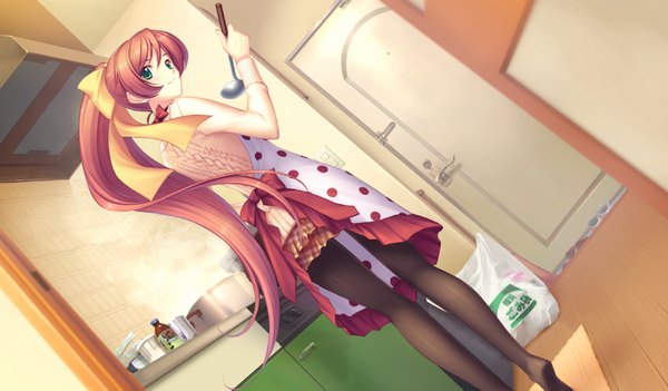 Anime picture 1024x600 with kimi ga ita kisetsu isumi marika long hair wide image green eyes game cg ponytail red hair cooking girl