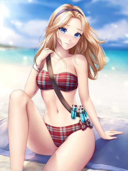 Anime picture 750x1000 with league of legends lux (league of legends) gigamessy single long hair tall image looking at viewer blush breasts light erotic blonde hair sitting bare shoulders sky cloud (clouds) head tilt wind sunlight arm support depth of field