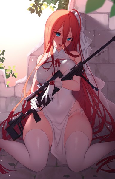 Anime-Bild 2116x3300 mit girls frontline t-5000 (girls frontline) nanoless single long hair tall image looking at viewer blush fringe highres breasts open mouth blue eyes light erotic hair between eyes sitting bare shoulders holding signed ahoge