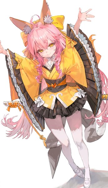 Anime picture 2363x4096 with fate (series) fate/samurai remnant tamamo (fate) (all) tamamo aria (fate) freng single long hair tall image fringe highres simple background smile hair between eyes standing white background animal ears yellow eyes pink hair full body ahoge