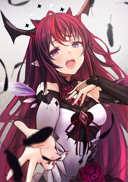 Anime picture 1048x1486 with virtual youtuber hololive hololive english irys (hololive) pikao single long hair tall image looking at viewer open mouth upper body red hair nail polish horn (horns) pointy ears heterochromia hand on chest outstretched hand red nail polish girl