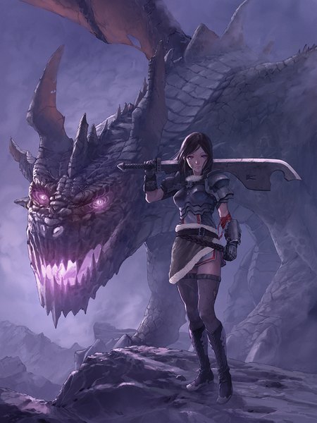 Anime picture 1024x1365 with original topipan single tall image looking at viewer short hair black hair red eyes standing purple eyes holding sky full body fang (fangs) fur trim torn clothes mountain lacing fantasy serious