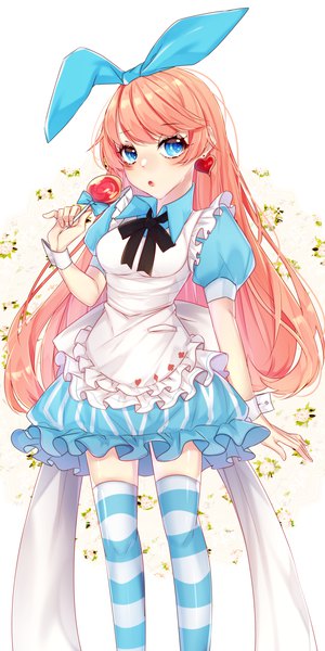 Anime picture 2000x4000 with alice in wonderland alice (wonderland) motsuni (lxxe1120) single long hair tall image looking at viewer fringe highres blue eyes simple background white background pink hair puffy sleeves girl thighhighs bow hair bow earrings food