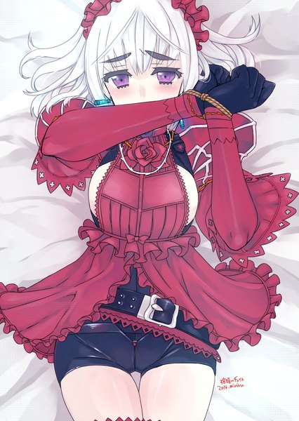 Anime picture 800x1127 with hitsugi no chaika studio bones chaika bogdan miniru single tall image looking at viewer blush fringe short hair breasts light erotic hair between eyes purple eyes signed payot white hair lying wide sleeves on back