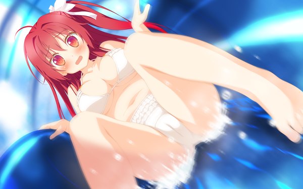 Anime picture 2048x1280 with astralair no shiroki towa tachibana ochiba single long hair looking at viewer blush highres breasts open mouth light erotic red eyes game cg red hair one side up girl navel swimsuit bikini