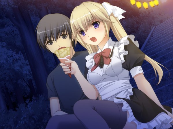 Anime picture 1024x768 with fluorite memories long hair short hair open mouth black hair blonde hair purple eyes twintails game cg black eyes maid couple girl thighhighs boy black thighhighs