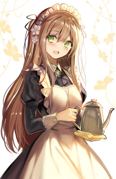 Anime picture 782x1200 with original fuepo single long hair tall image looking at viewer blush fringe open mouth hair between eyes brown hair green eyes upper body :d maid girl uniform headdress maid headdress teapot