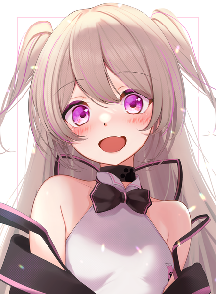 Anime picture 2500x3400 with virtual youtuber indie virtual youtuber sakayori pepa buket pudding i single long hair tall image looking at viewer blush highres open mouth blonde hair white background purple eyes upper body :d multicolored hair two side up streaked hair girl