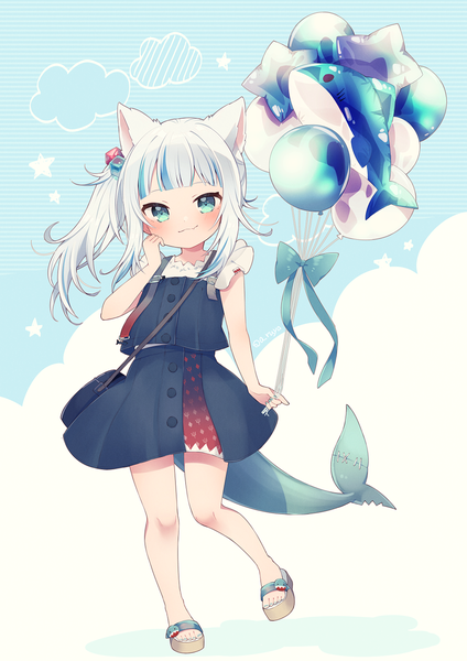 Anime picture 1034x1462 with virtual youtuber hololive hololive english gawr gura gawr gura (2nd costume) aruya (flosrota) single long hair tall image looking at viewer blush blue eyes standing animal ears silver hair cloud (clouds) full body tail multicolored hair cat ears