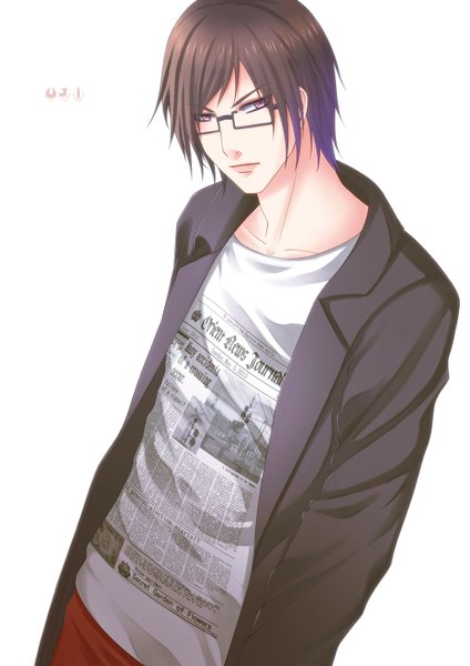 Anime picture 1024x1448 with original u-ji (artist) single tall image short hair simple background brown hair standing white background purple eyes looking away pink eyes open clothes open jacket boy glasses jacket t-shirt coat