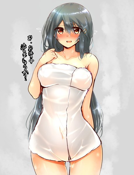 Anime picture 1036x1356 with kantai collection haruna battleship tsukui kachou long hair tall image blush fringe breasts open mouth light erotic black hair large breasts bare shoulders brown eyes very long hair embarrassed naked towel girl hair ornament bobby pin