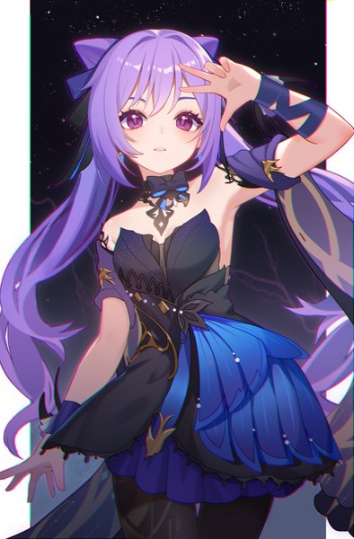 Anime picture 2360x3593 with genshin impact keqing (genshin impact) keqing (opulent splendor) (genshin impact) huang tie lin single long hair tall image looking at viewer blush fringe highres breasts hair between eyes standing purple eyes twintails bare shoulders payot purple hair arm up
