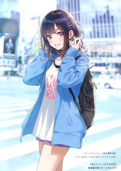 Anime picture 2425x3426 with original morikura en single long hair tall image looking at viewer blush fringe highres smile brown hair standing payot outdoors long sleeves parted lips pink eyes blurry scan open jacket