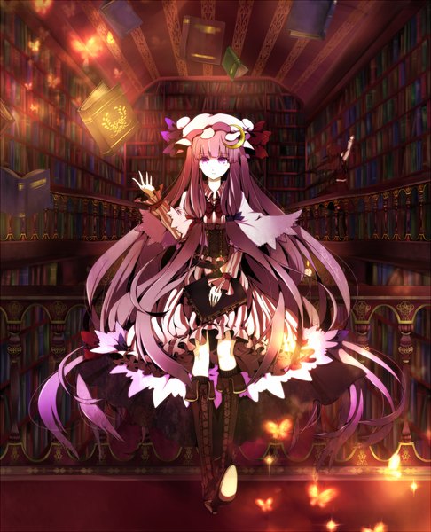 Anime picture 1037x1280 with touhou patchouli knowledge koakuma yume koucha long hair tall image purple eyes purple hair magic weightlessness girl hat boots book (books) shelf bookshelf