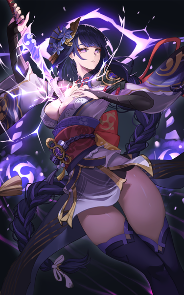 Anime picture 2698x4300 with genshin impact raiden shogun netural single long hair tall image looking at viewer fringe highres breasts light erotic large breasts purple eyes holding cleavage purple hair braid (braids) nail polish traditional clothes parted lips