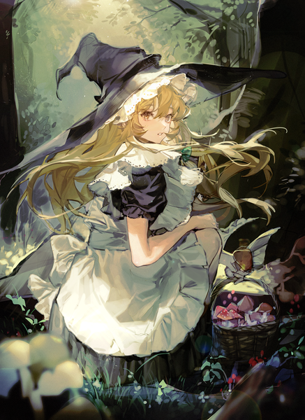 Anime picture 1740x2391 with touhou kirisame marisa tian (my dear) single long hair tall image fringe highres blonde hair hair between eyes yellow eyes outdoors squat girl plant (plants) hat tree (trees) witch hat forest basket