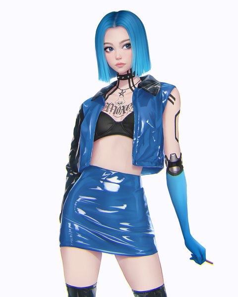Anime picture 3000x3750 with original umigraphics single tall image fringe highres short hair blue eyes light erotic simple background standing white background holding blue hair looking away lips realistic open clothes tattoo anaglyph