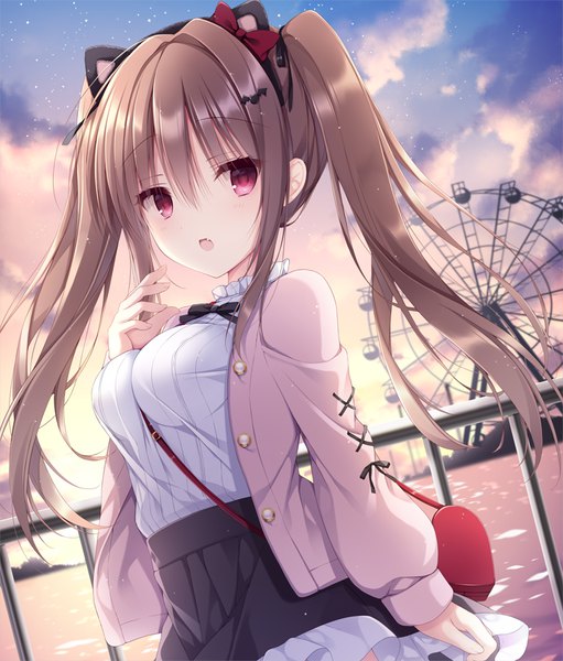 Anime picture 764x897 with original izuminanase single long hair tall image blush fringe breasts open mouth light erotic hair between eyes brown hair standing twintails animal ears payot sky cloud (clouds) outdoors long sleeves