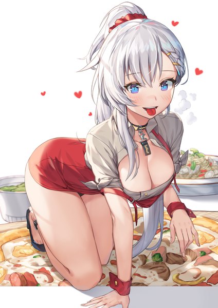 Anime picture 1488x2105 with azur lane belfast (azur lane) belfast (piping-hot perfection) (azur lane) piyo (pixiv 2308057) single long hair tall image looking at viewer blush fringe breasts open mouth blue eyes light erotic smile hair between eyes large breasts cleavage silver hair full body