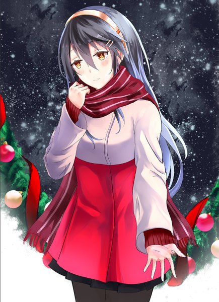Anime picture 1000x1377 with kantai collection haruna battleship ogcmaster single long hair tall image blush fringe black hair hair between eyes standing yellow eyes looking away light smile night embarrassed night sky outstretched arm christmas winter