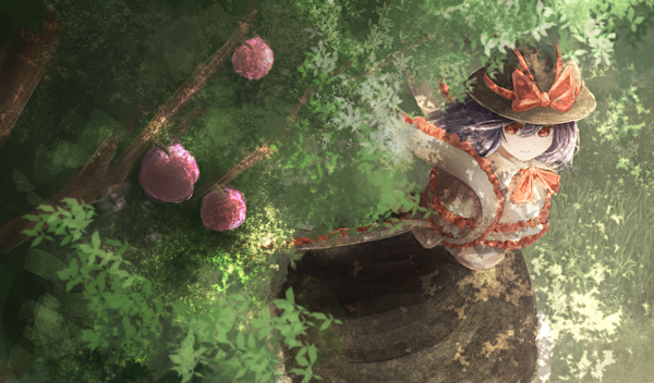 Anime picture 2500x1469 with touhou nagae iku thkani single fringe highres short hair smile hair between eyes red eyes wide image looking away purple hair from above wind sunlight girl skirt bow plant (plants)