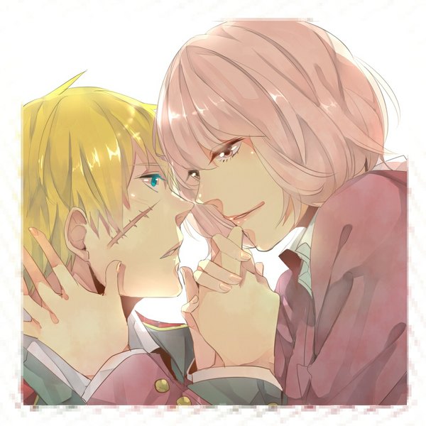 Anime picture 1000x1000 with arakawa under the bridge shaft (studio) sister (arakawa) maria (arakawa) tagme (artist) short hair blue eyes simple background blonde hair smile white background brown eyes pink hair profile pink eyes aqua eyes light smile couple hug holding hands