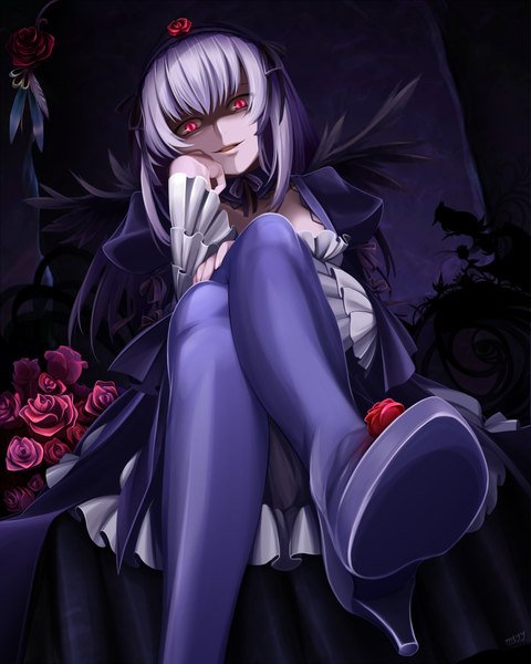 Anime picture 1600x2000 with rozen maiden suigintou mtyy single long hair tall image open mouth red eyes sitting white hair legs lolita fashion goth-loli girl flower (flowers) wings shoes frills hairband rose (roses)