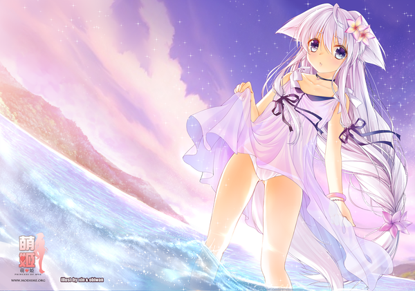 イラスト 1920x1350 と オリジナル obiwan ソロ カメラ目線 highres 青い目 light erotic 獣耳 空 cloud (clouds) white hair 尻尾 very long hair animal tail パンチラ 女の子 ドレス 下着 パンティー リボン