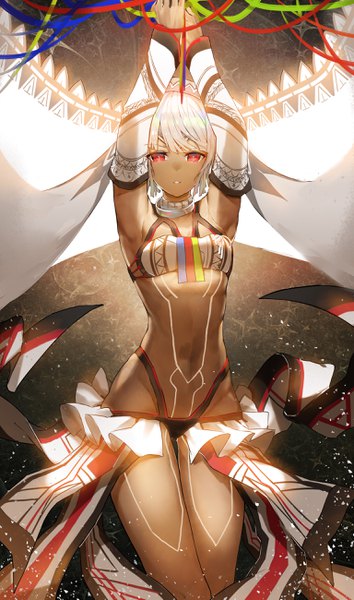 Anime picture 1535x2598 with fate (series) fate/grand order altera (fate) horz single tall image looking at viewer short hair light erotic red eyes silver hair parted lips arms up armpit (armpits) dark skin bodypaint girl ribbon (ribbons) detached sleeves choker