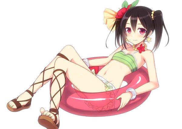 Anime picture 1280x906 with love live! school idol project sunrise (studio) love live! yazawa nico hiraga matsuri single long hair looking at viewer blush light erotic black hair simple background red eyes white background twintails bare belly girl navel hair ornament swimsuit