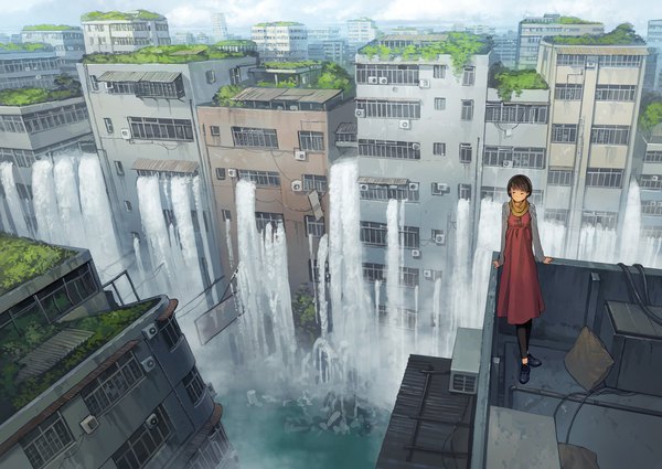 Anime picture 1600x1132 with original yoshida seiji single short hair brown hair standing looking away outdoors long sleeves from above city cityscape scenic waterfall overgrown girl dress water scarf leggings