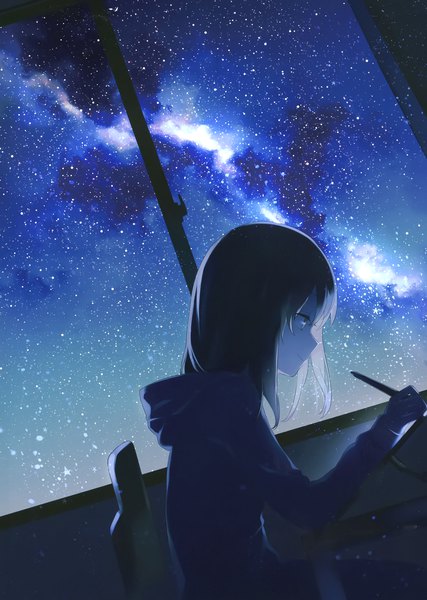 Anime picture 2099x2951 with original achiki single tall image fringe highres short hair holding looking away profile scan night dutch angle night sky milky way girl window hood star (stars) chair