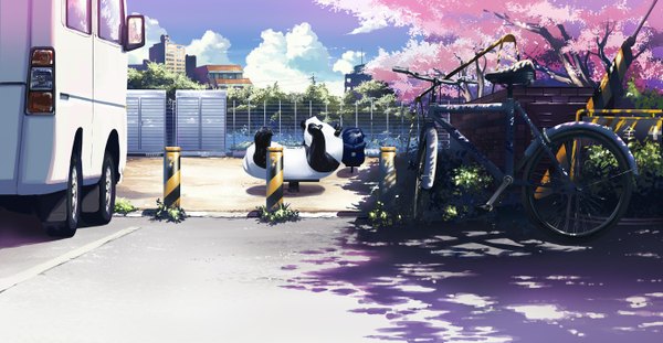 Anime picture 1389x720 with original gom jabbar mateusz urbanowicz wide image sky cloud (clouds) shadow cherry blossoms no people plant (plants) tree (trees) building (buildings) ground vehicle fence mirror road bicycle bus playground van