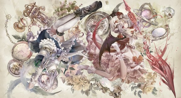 Anime picture 1200x654 with touhou remilia scarlet izayoi sakuya torino aqua looking at viewer short hair red eyes wide image multiple girls silver hair maid girl thighhighs dress gloves uniform flower (flowers) 2 girls white thighhighs wings