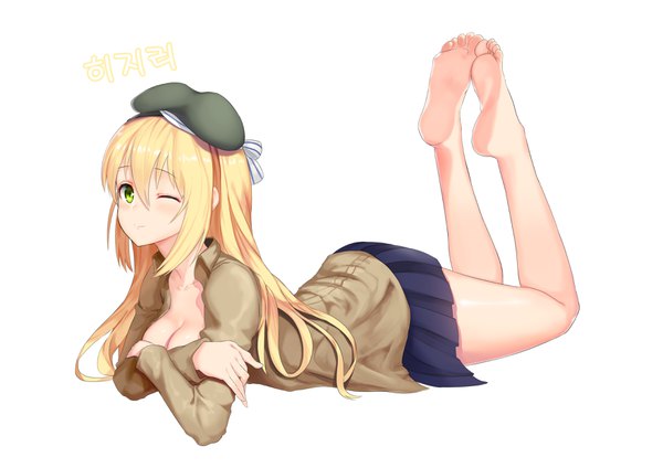 Anime-Bild 3508x2480 mit girls frontline m1 garand (girls frontline) greem bang single long hair looking at viewer blush fringe highres light erotic simple background blonde hair smile hair between eyes white background green eyes signed absurdres cleavage full body