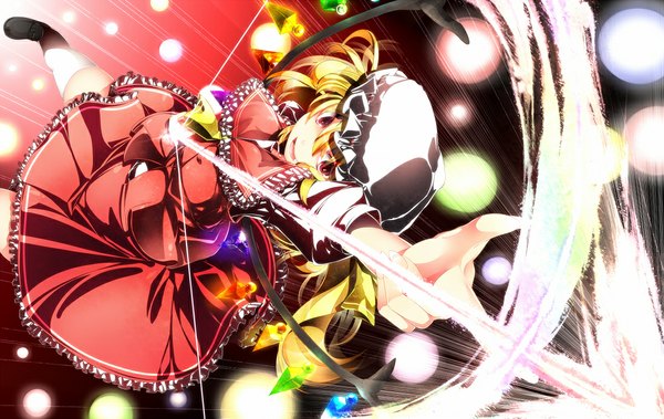 Anime picture 1100x695 with touhou flandre scarlet sugiyuu single short hair open mouth blonde hair smile red eyes girl thighhighs dress white thighhighs wings bonnet crystal bow (weapon)