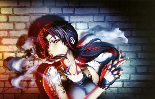 Anime picture 3200x2032 with black lagoon madhouse revy (black lagoon) hiroe rei single long hair looking at viewer blush highres breasts open mouth black hair large breasts bare shoulders brown eyes absurdres ponytail wind tattoo smoke