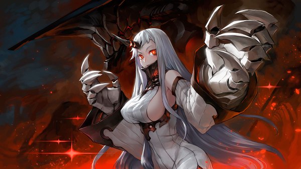 Anime picture 1200x674 with kantai collection seaport hime asuka111 single long hair looking at viewer blush fringe breasts light erotic red eyes wide image large breasts standing bare shoulders white hair horn (horns) erect nipples sideboob glowing